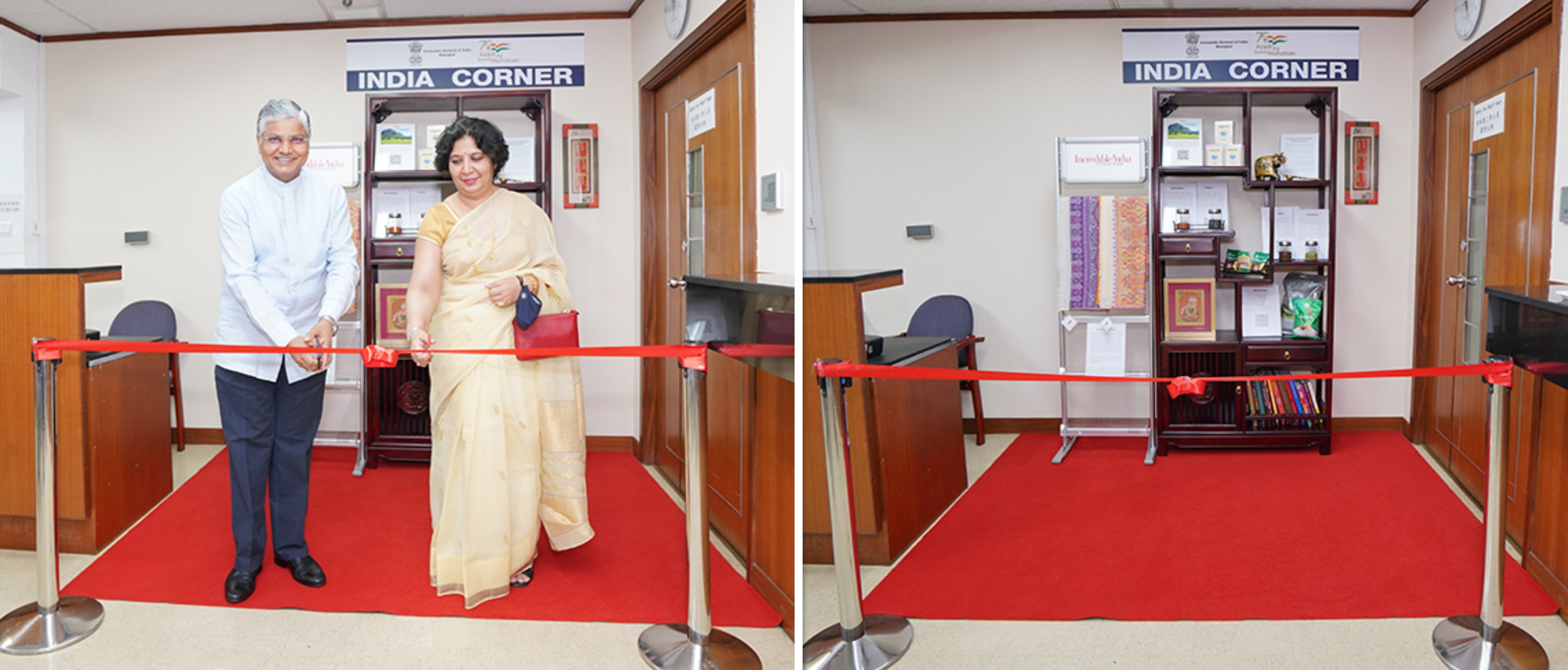 Inauguration of ‘India Corner’, showcasing products and handicrafts from various states of India, by Ambassador Shri Pradeep Rawat and Mrs. Shruti Rawat.