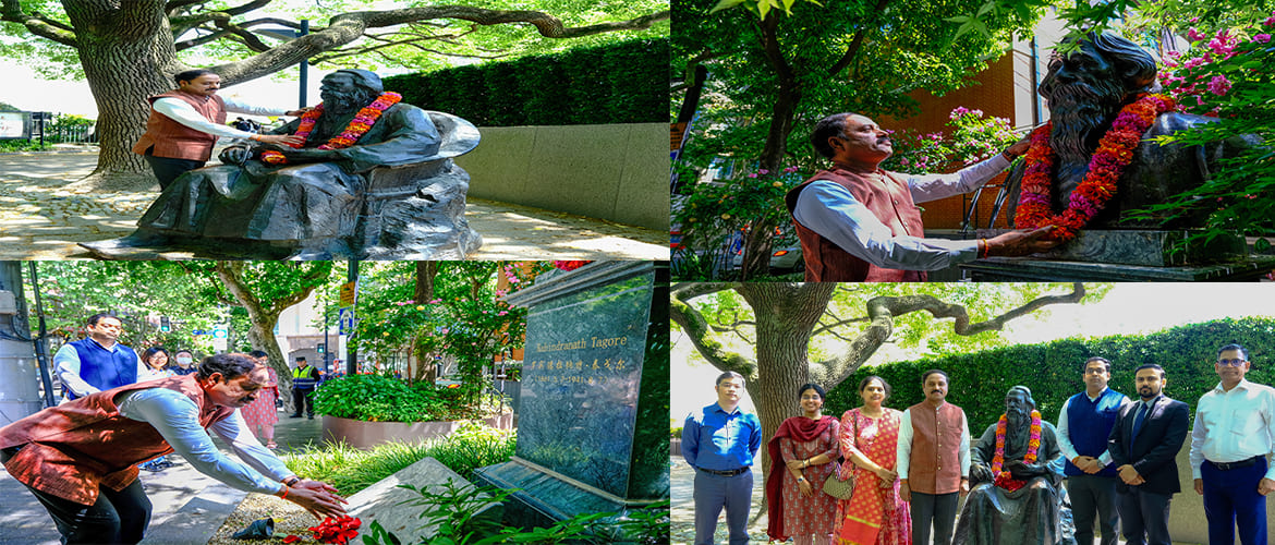 On the occasion of Rabindranath Jayanti, CG Dr. N. Nandakumar along with officials of the Consulate paid floral tribute to the bust of Gurudev Ravindranath Tagore at Maoming Road & Luxun Park in Shanghai on 8 May 2024